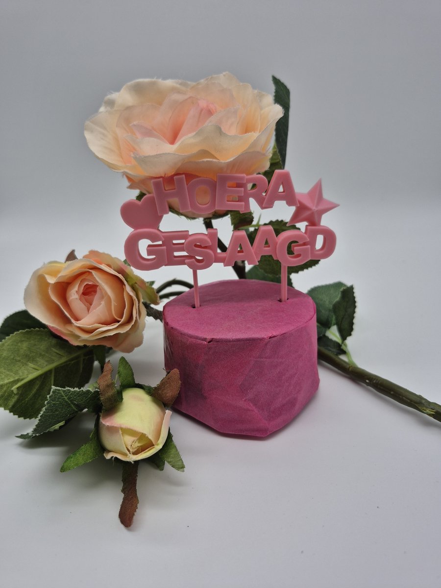 Caketopper Hoera Geslaagd lichtroze