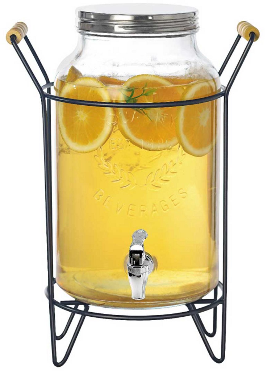 Glazen Drankdispenser 5,5 Liter met Kraantje en Standaard – Waterdispenser met Houten Handgrepen