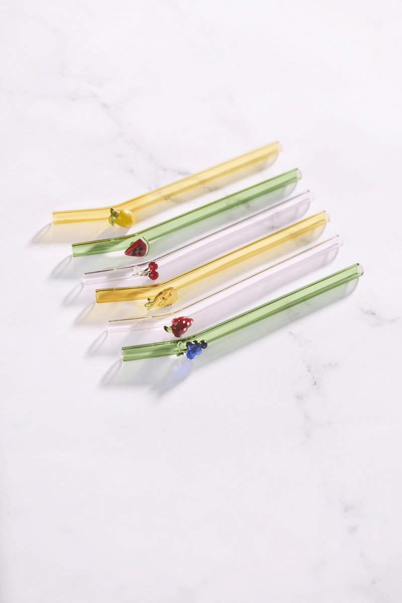Point-Virgule-Set van 6 rietjes met fruit uit borosilicaatglas 16cm