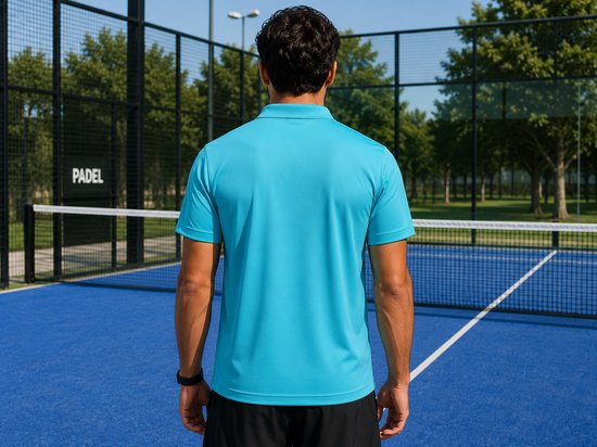 Man, gezien van achteren, draagt een hemelsblauwe polo op een blauw padelveld.