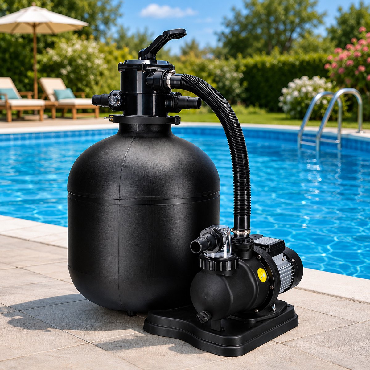 COIL Zandfilterpomp 10000 l/u (550W) – Zwembadpomp tot 42m³ – Zelfaanzuigende pomp - 7-wegklep met manometer – Geschikt voor zand en filterballen – foto 4