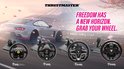 Vier Thrustmaster racesturen met pedalen, waaronder de T80, T128, T248 en T500RS, met de berg Fuji op de achtergrond.