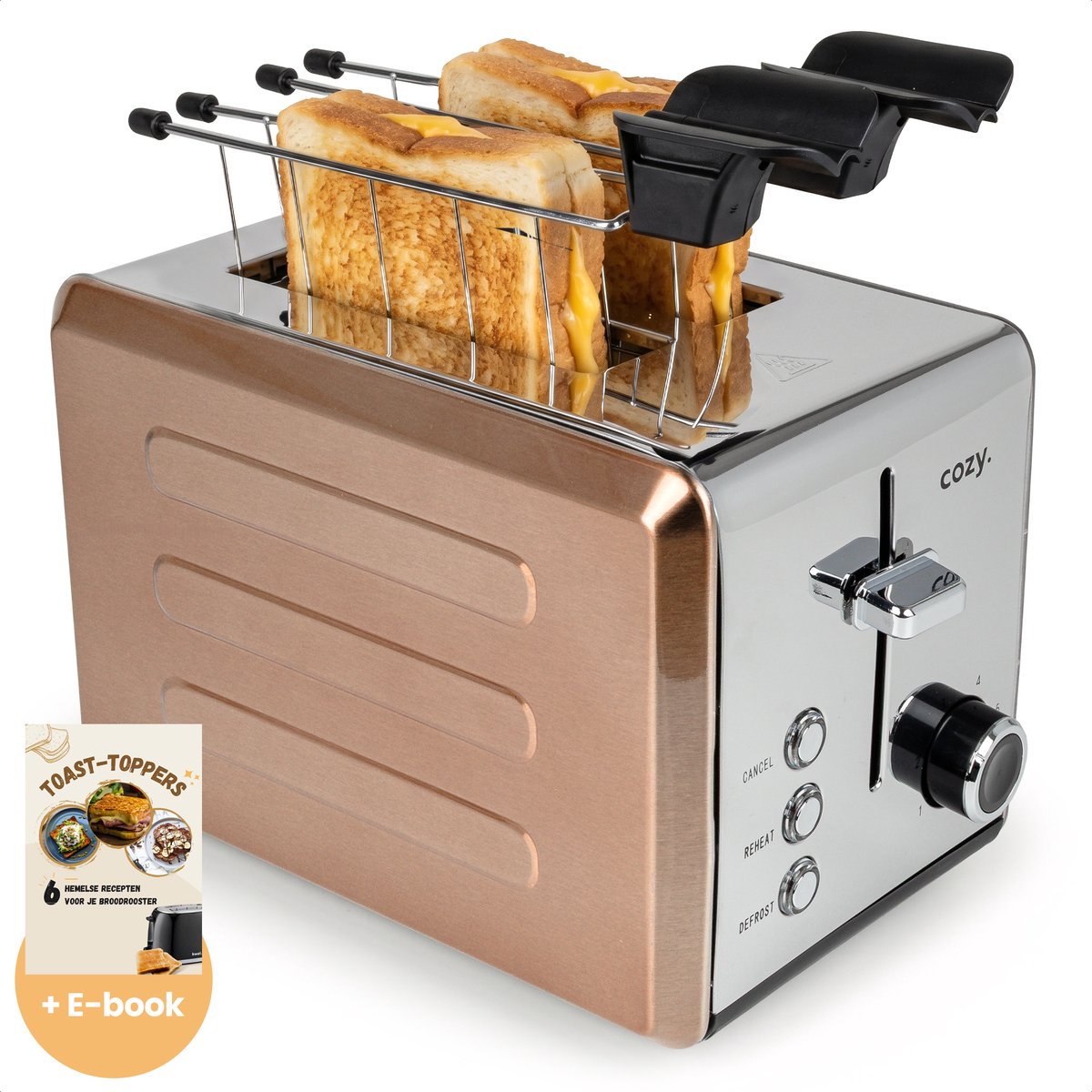 cozy.® Metalen Broodrooster met Tostiklemmen - Tosti Apparaat 815W - Retro Tosti Ijzer & Toaster - Brede Sleuven & 6 Standen - Ontdooi & Verwarm functie - Inclusief E-book - Rosé Goud