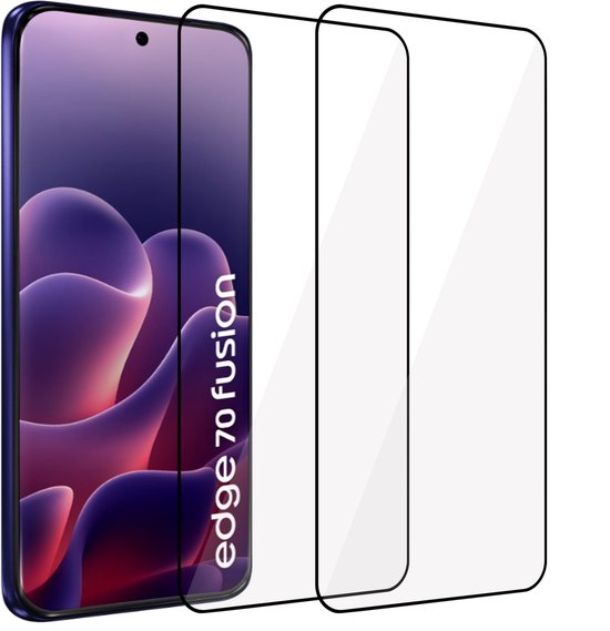 Twee screenprotectors voor de Motorola edge 70 fusion, met een paarse en roze achtergrond.