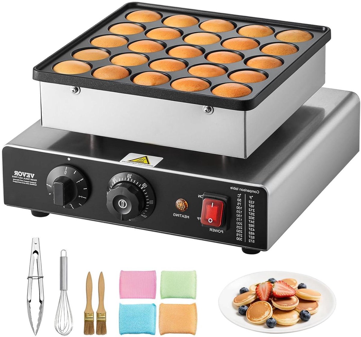 Mini Pannenkoekenmaker - Wafelijzer Pofertjes - Snelle Ontbijtjes Maken - 25 Pannenkoekjes Tegelijk - 43 mm Diameter - RVS Kleur