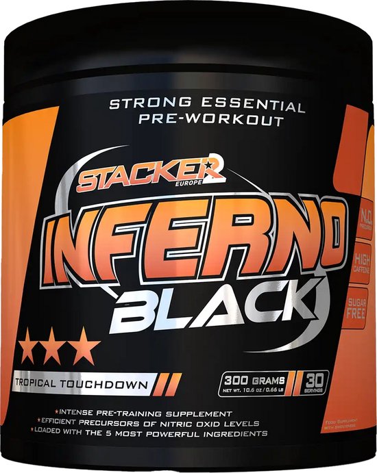 Zwarte pot Stacker Europe Inferno Black pre-workout, met oranje "Tropical Touchdown" label.