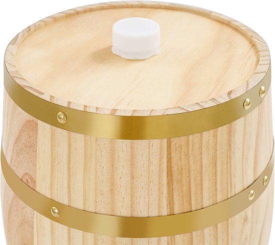 Houten vat van grenenhout met gouden banden en witte dop.