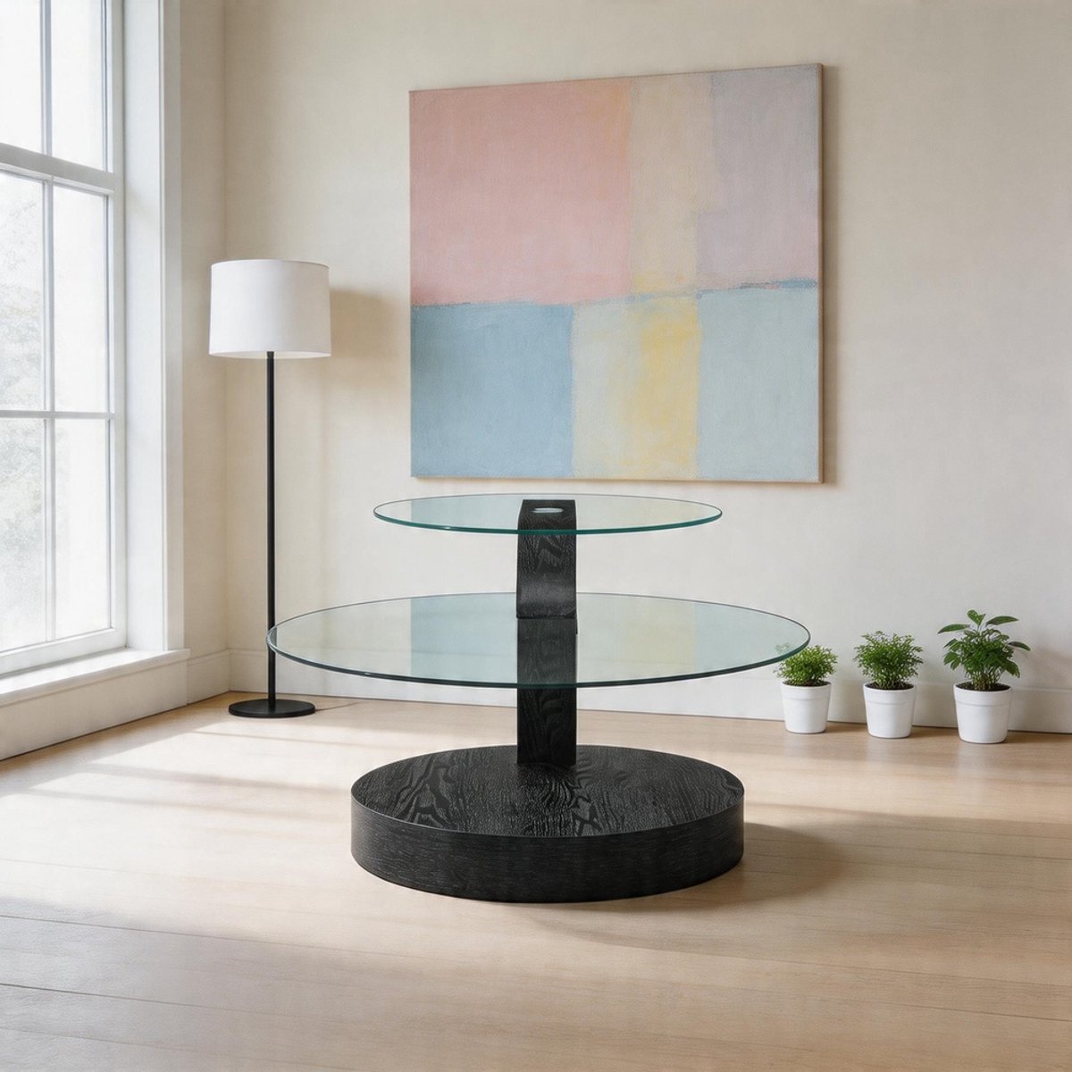 KOMHTOM - Moderne minimalistische salontafel - Dubbel gelaagd veiligheidsglas - Hoogwaardige MDF-draagconstructie met zwarte houtnerflook - Meerdere kleuren naar keuze