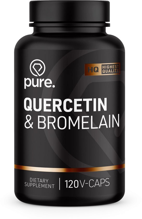 Zwarte pot met 'pure. Quercetin & Bromelain' in witte letters. Bevat 120 V-Caps.