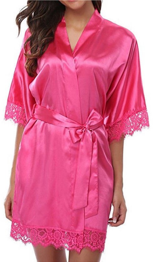 Damesbadjas – Maat M – Geschikt voor 50 kg – Lingerie & Badjas – Bruidsbadjas met kant – Pyjama – Lichtgewicht badjas met V-hals en strikceintuur – Ideaal voor logeerpartijtjes en heerlijk loungen thuis