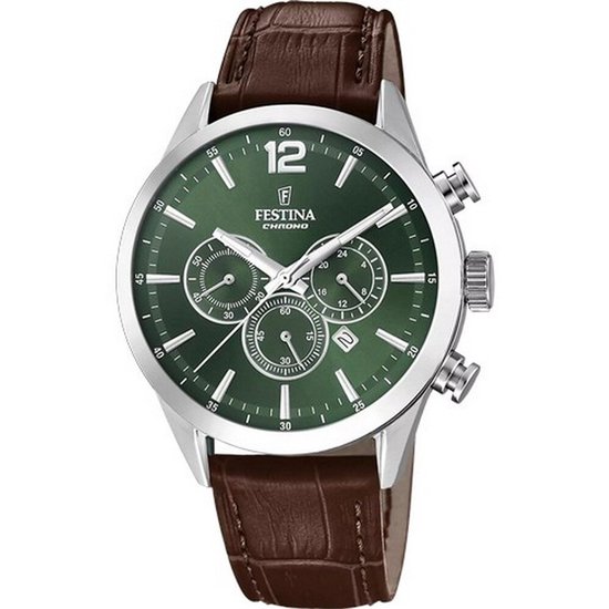 Montre Festina Chrono pour homme avec cadran vert émeraude, boîtier argenté et bracelet en cuir de crocodile marron.