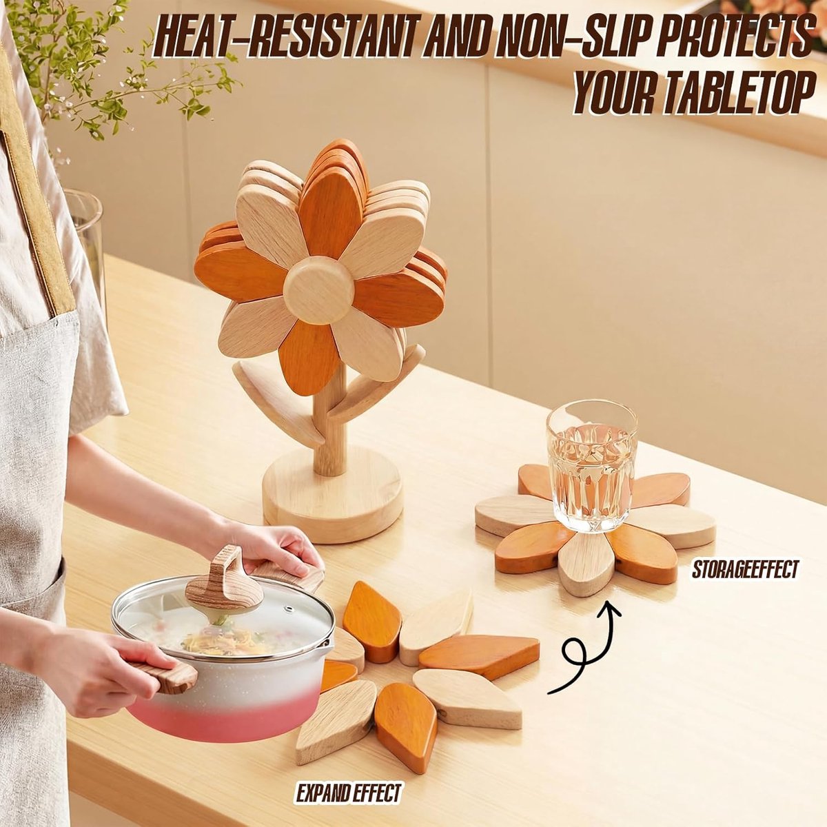 Daity 5-Delige set — Hittebestendige onderzetters — Houten onderzetterset in zonnebloemvorm — Hittepads van beukenhout — Geschikt voor hete potten, pannen, schalen en theepotten — deaal cadeau voor een housewarming of voor in de keuken — cadeau in Koken & Dineren - foto 7