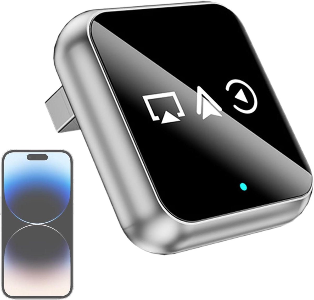 Draadloze Auto Adapter - Scherm Delen - Entertainment Onderweg - 3-in-1 Functionaliteit - 8x8x3 cm - Zilver