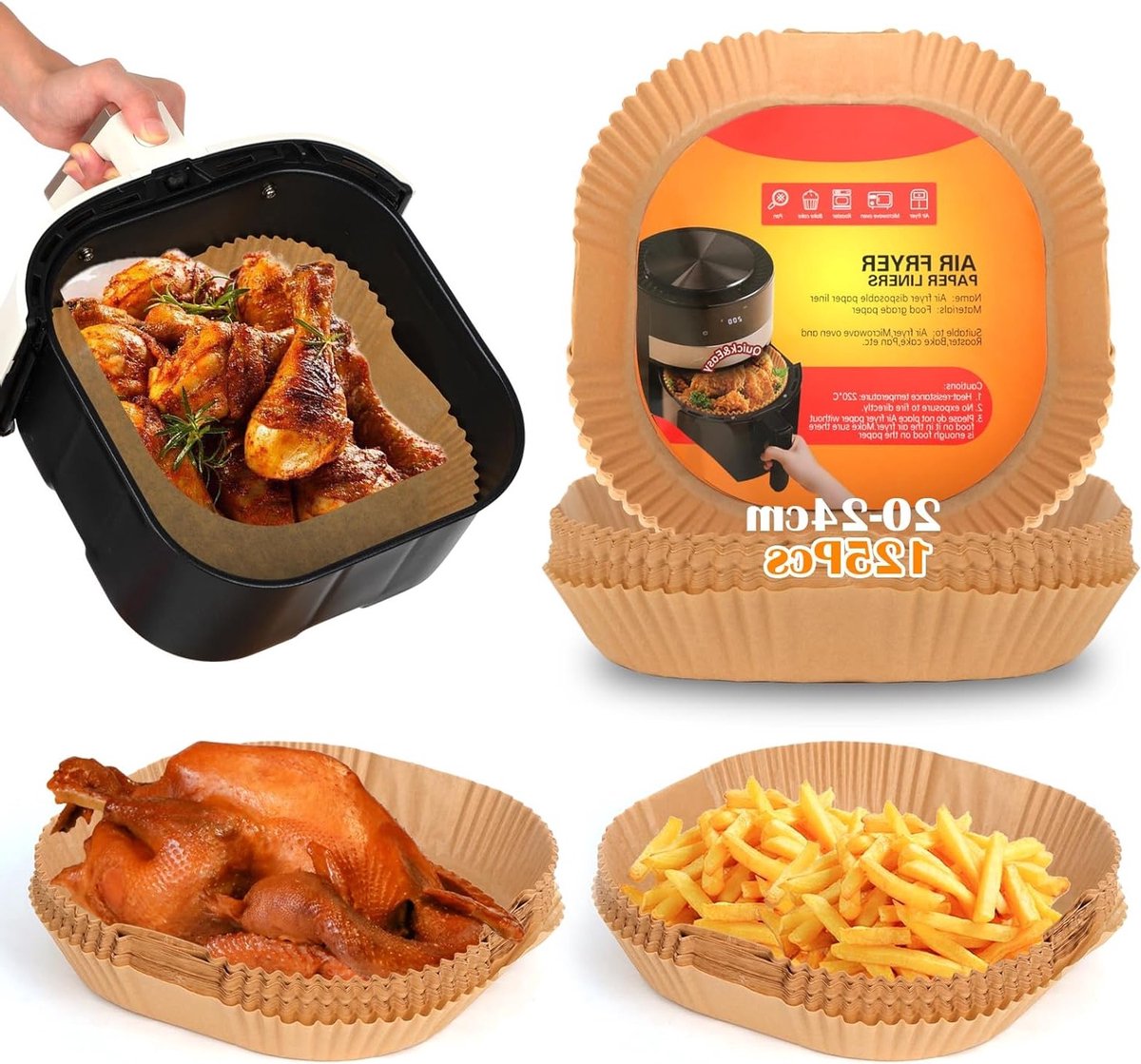 Bakken met Bakpapier voor Airfryer - 125 Stuks, 20 x 24 cm, Ongebleekt, Antiaanbak, Voor Oven en Magnetron