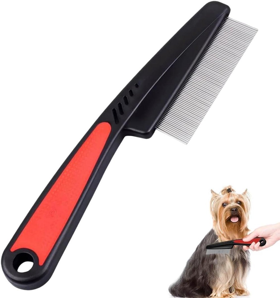 Vlooienkam Huisdieren - Luizenkam Stofkam - Vachtverzorging Parasieten - Roestvrijstalen Tanden - 18 cm - Zwart Rood