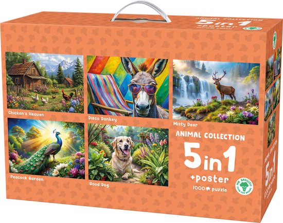 Een oranje doos met vijf afbeeldingen van dieren: kip, ezel, hert, pauw en hond. 'Animal Collection 5 in 1' is te lezen.