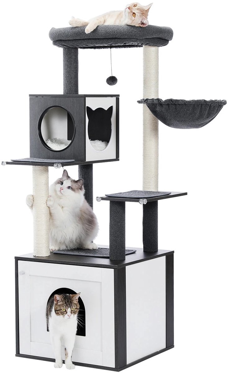 Geargalaxy Krabmeubel met Kattenbak Behuizing - Krabpaal - Krabmeubel - Klimtoren voor Katten - Kattenboom - 53x50x144 - Zwart/Wit