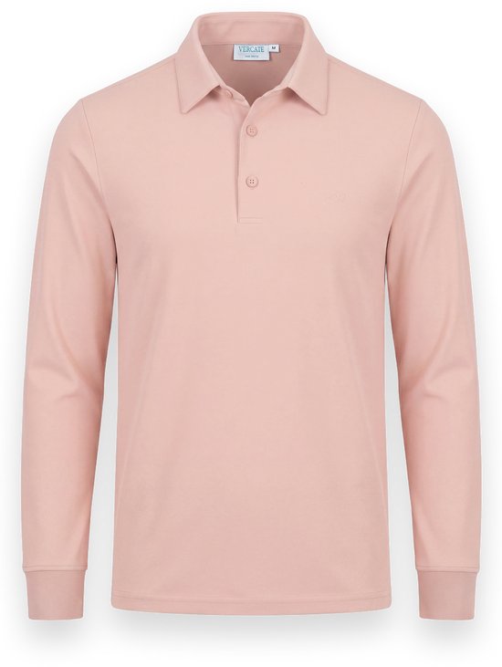 Lichtroze poloshirt met lange mouwen, Vercate logo op de kraag, knoopsluiting, geborduurd logo op de borst.