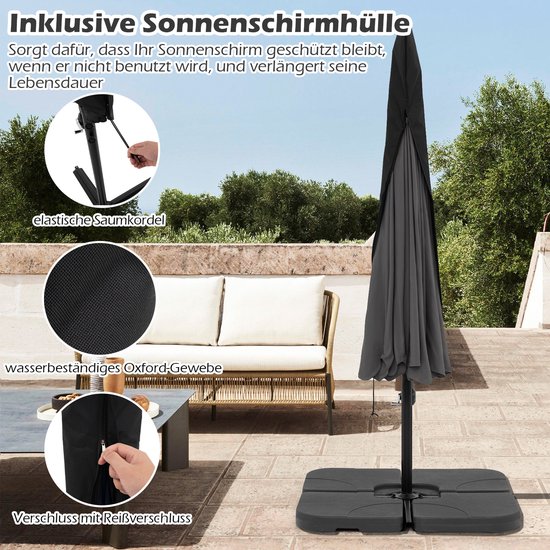 Grijze parasol in een waterdichte Oxford-stof hoes met elastische zoom en ritssluiting.