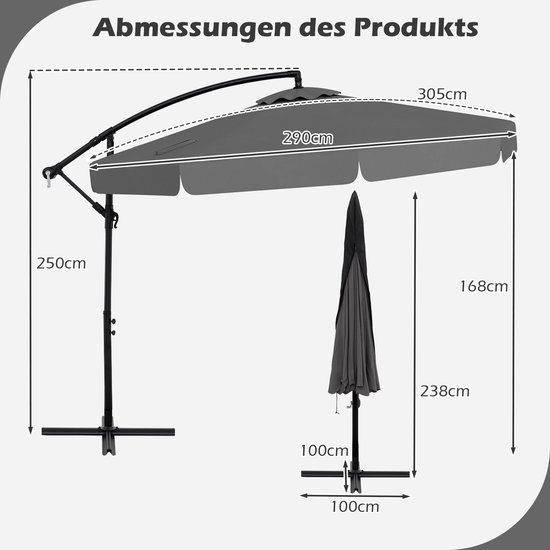 COSTWAY Parasol 300 cm, incl. beschermhoes, zweefparasol met zwengel en volant, hellingshoek verstelbaar, tuinscherm, marktparasol, terrasparasol voor tuin, zwembad, terras