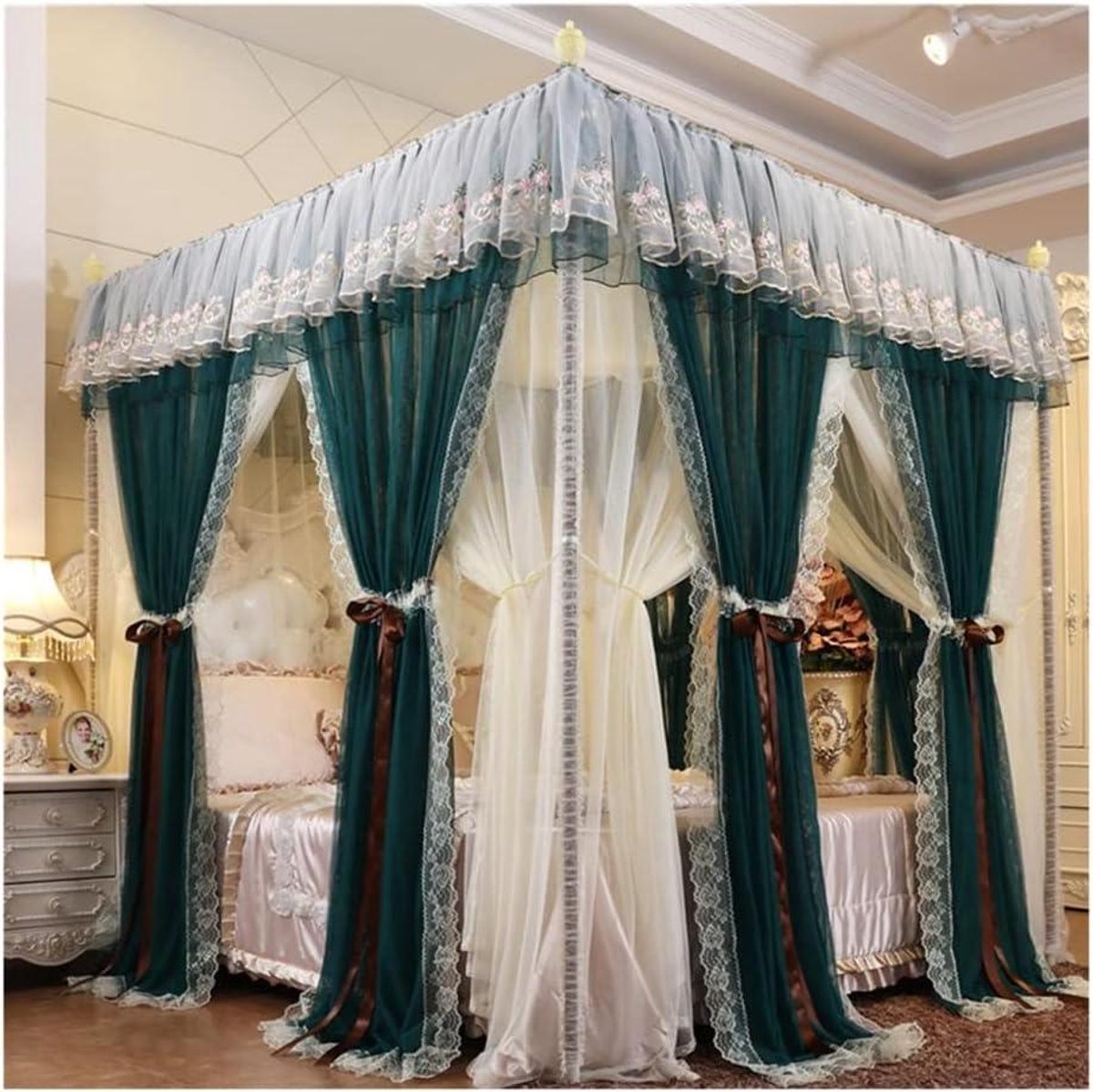 Bedhemel met klamboe - Muggennet hemel - Slaapkamer decoratie - Kanten borduursels - 180x200 cm - Groen