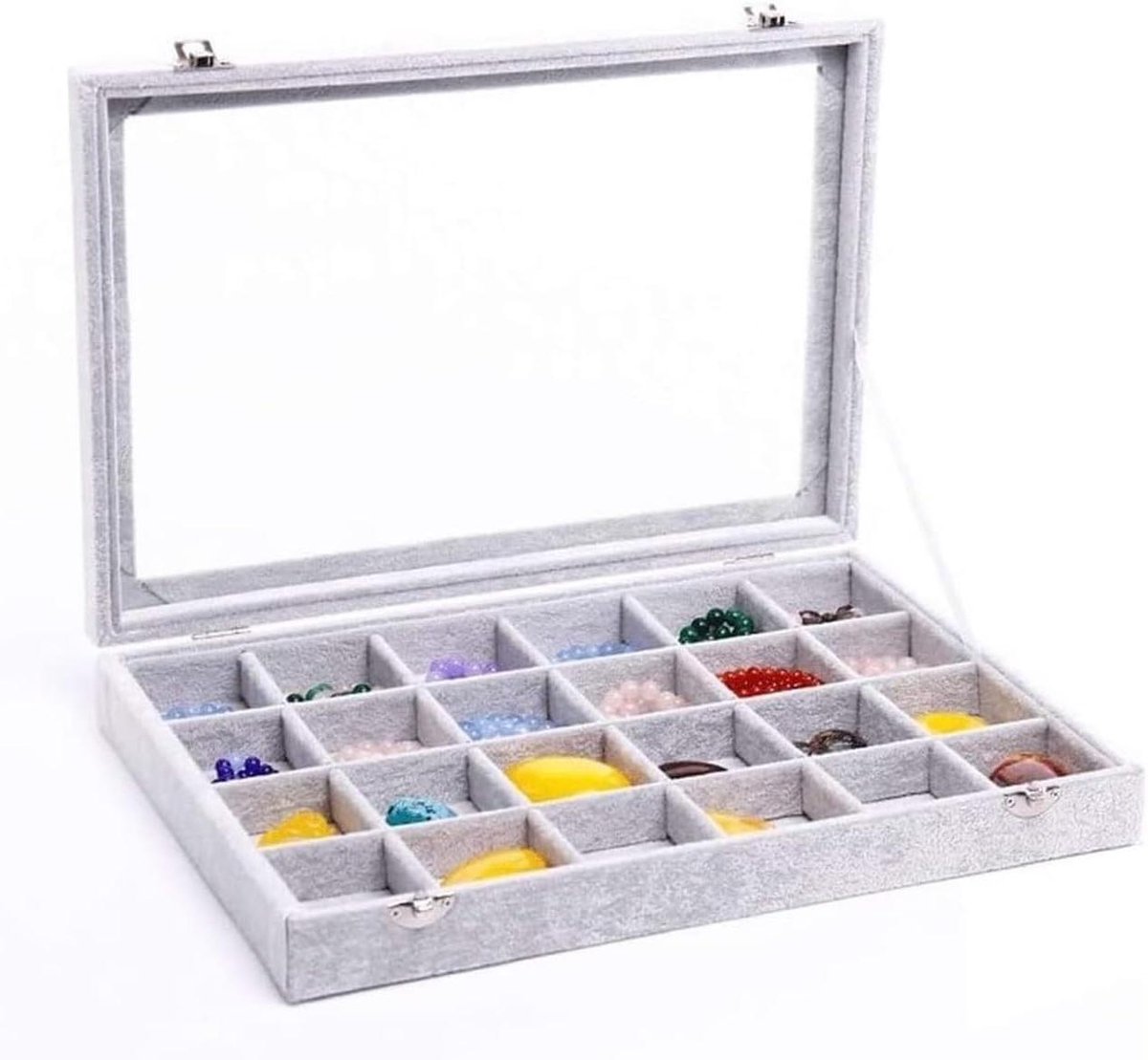 Sieradendoos met Deksel - Juwelen Organizer - Sieraden Opbergen - Transparant Glazen Deksel - 24x35x5cm - Grijs Zwart