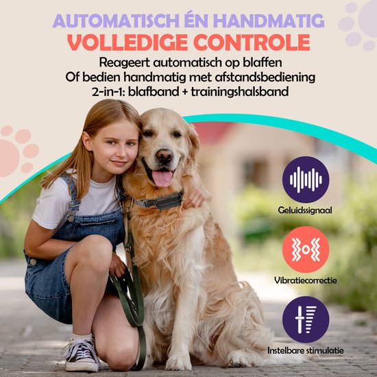 Meisje met Golden Retriever hond, met trainingshalsband, hond reageert op geluidssignaal, vibratiecorrectie en instelbare stimulatie.