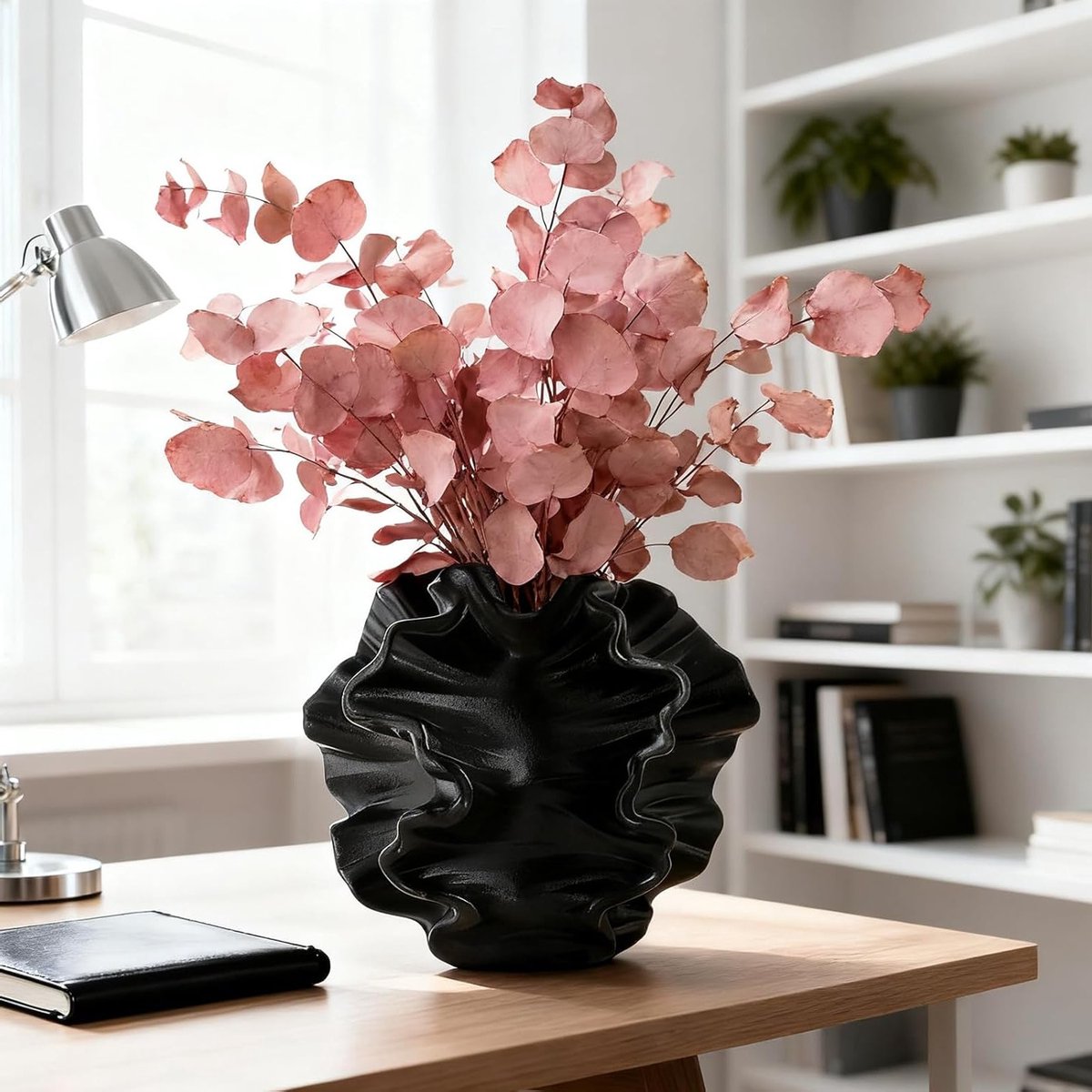 Moderne Zwarte Keramische Vaasje voor Scandinavische Decoratie, Aesthetic Boho Bloemenvaas voor Woonkamer en Kantoor, Groot Formaat