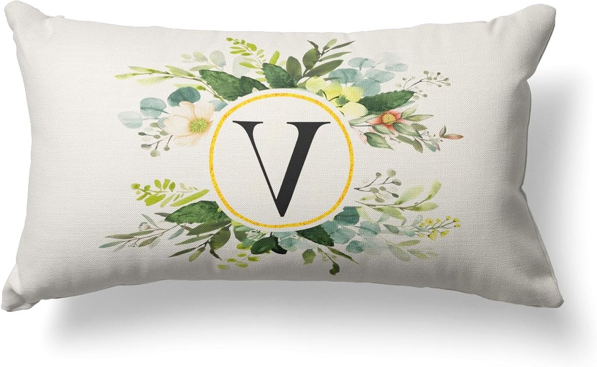 Decoratieve Kussenhoezen met Monogram Letter V en Bloemen, 30x50cm, Groene Lente Kussens voor Sofa en Boerderijstijl Decoratie