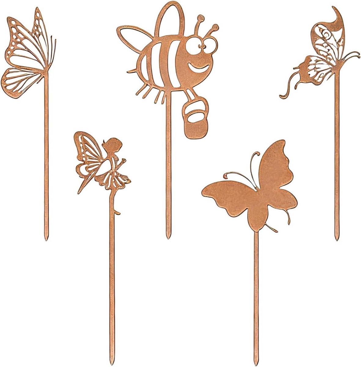 Metalen Tuinstekers - Roestlook Decoratie - Tuin Verfraaien - 5 Unieke Designs - 5 Delige Set - Aardgeel