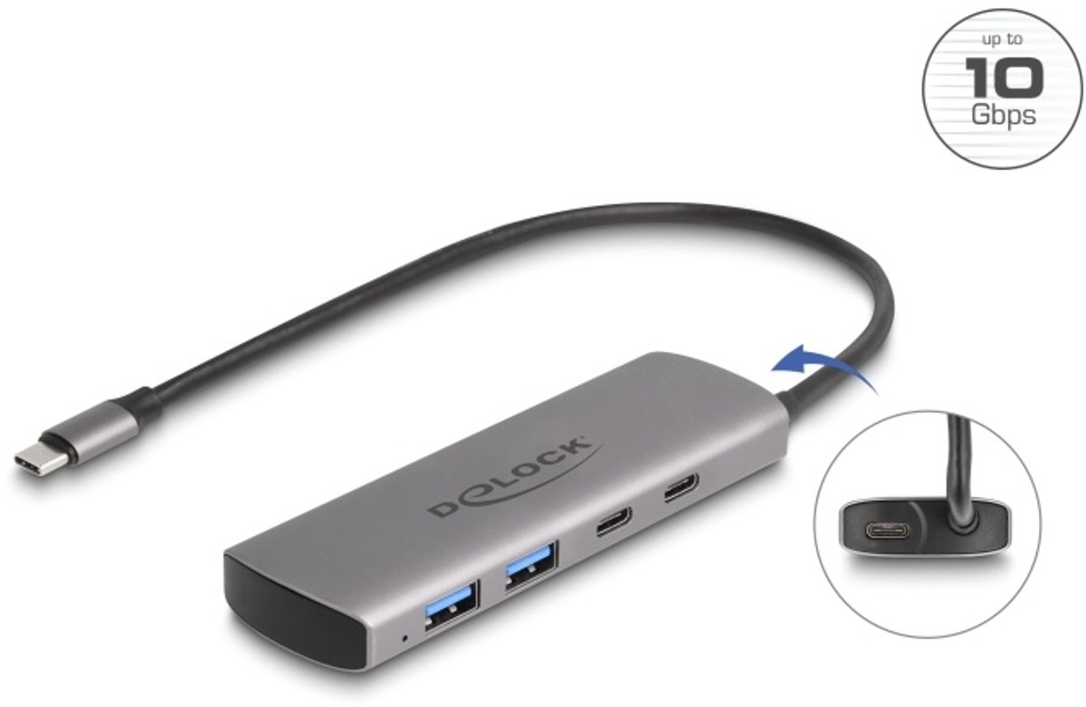 Delock USB 10 Gbps 2 Port USB Type-A + 2 Port USB Type-C™ Hub with USB Type-C™ connector and additional power port