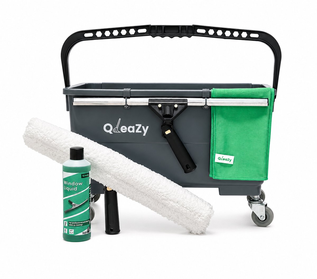 QleaZy - Raamwisser 45cm Swivel SET - Ramen wassen met emmer 20ltr - Ramen Wassen - Glasdoek - Liquid. - Emmer met wielen