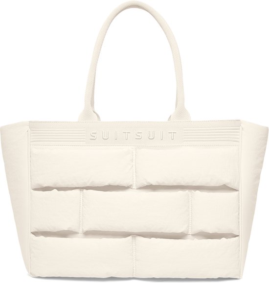 Ecru gewatteerde shopper tas met handvatten, SUITSUIT logo bovenop.