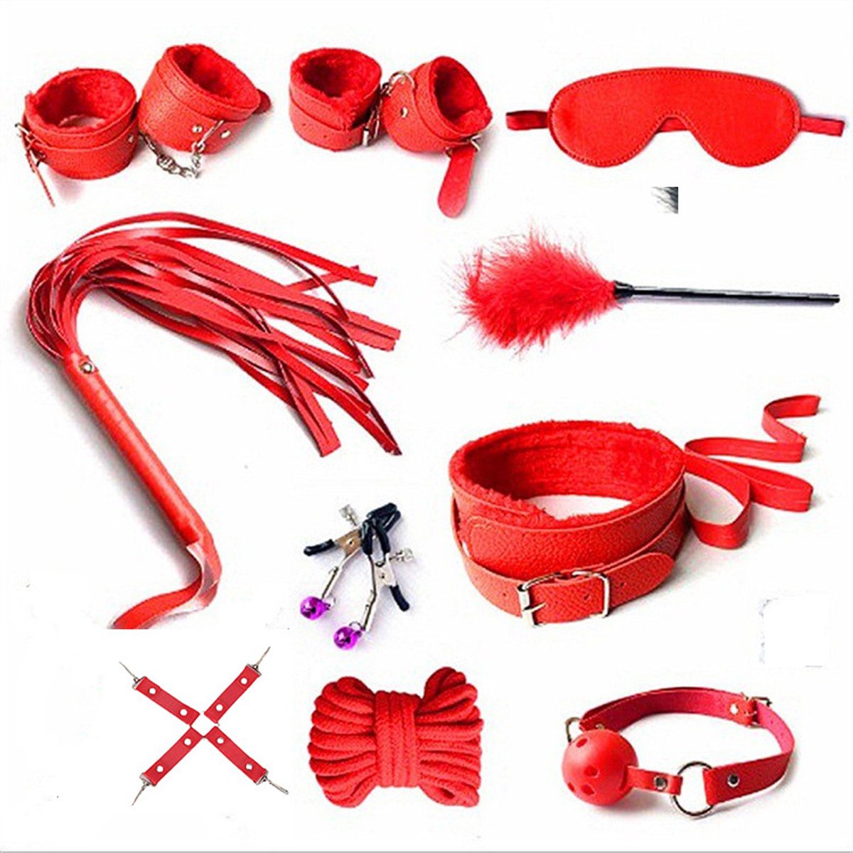 BDSM set Rood, sex toys, handboeien seks, seksspeeltje, vastbinden, klemmen, zweep, Toys4Enjoy