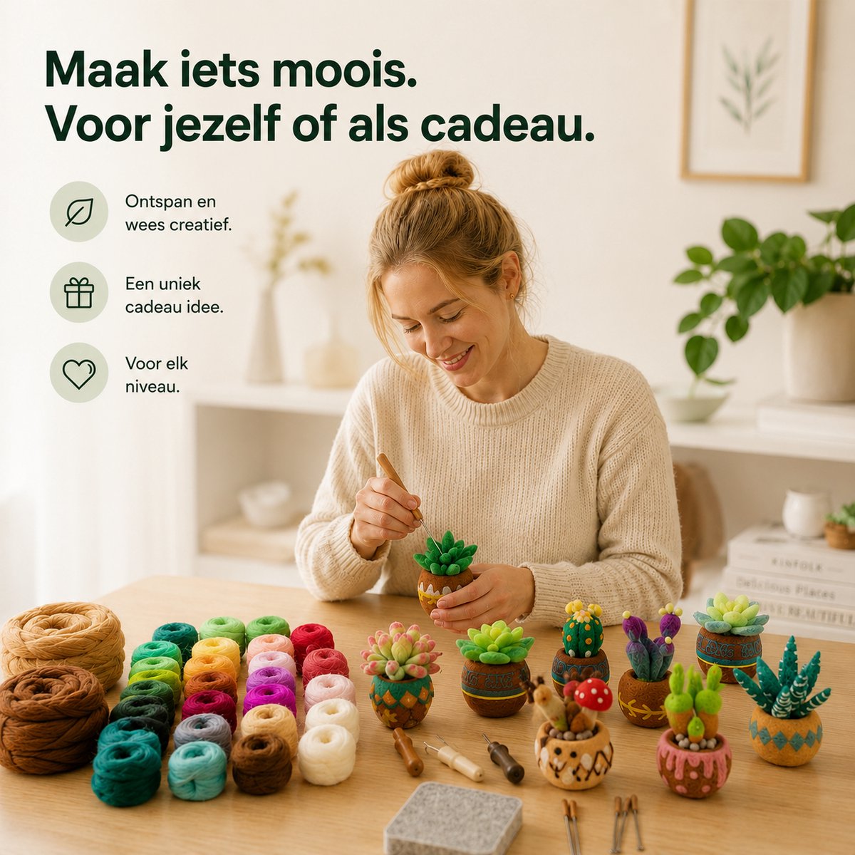 BOTC Naaldvilten - Starterset - Needle felting - Instructie inbegrepen - Gekaarde wol - Viltnaalden - Vetplanten — afbeelding 2