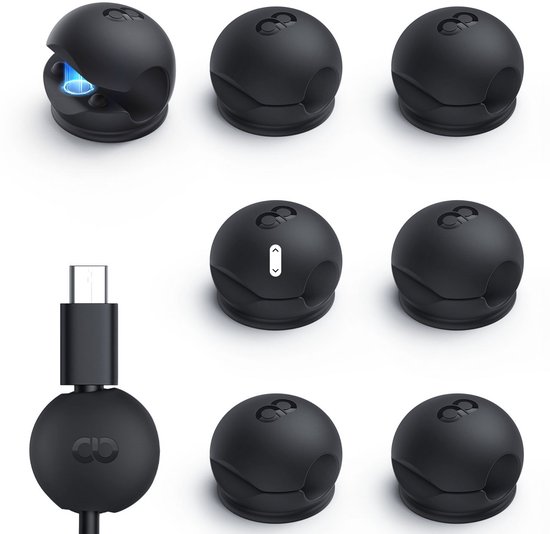 Grille de neuf clips de câble ronds et noirs. Un clip montre une lueur bleue à l'intérieur. Un autre montre un connecteur USB-C.
