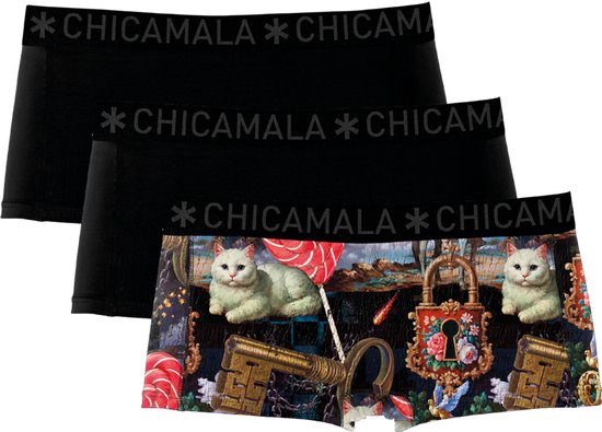 Drie zwarte CHICAMALA boxershorts. Twee met elastische band, één met patroon van katten, sleutels en slot.