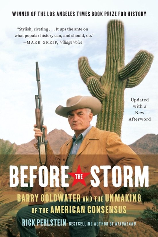 Couverture du livre avec Barry Goldwater en chapeau de cowboy et veste, tenant un fusil. Un cactus et des montagnes en arrière-plan. Le titre est "Before the Storm".