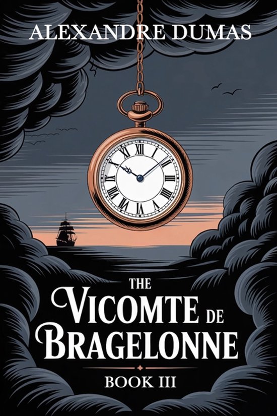Boekomslag van 'The Vicomte de Bragelonne' met een zakhorloge, zeilboot en donkere wolken.