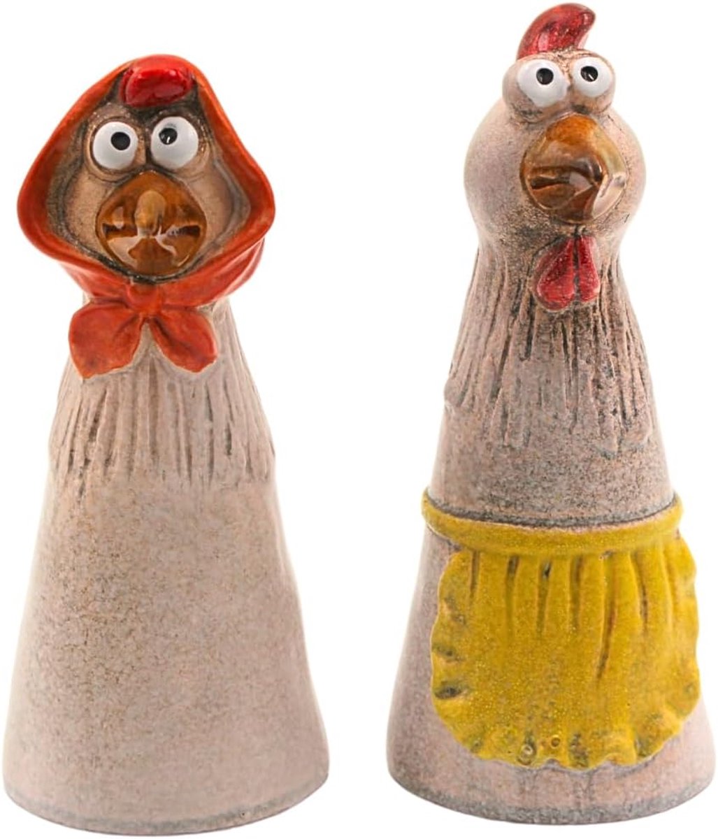 Hekstekkers Kippenpaar - Tuindecoratie Figuren - Hek Versieren - Handgemaakt Keramiek - 21 cm Hoog