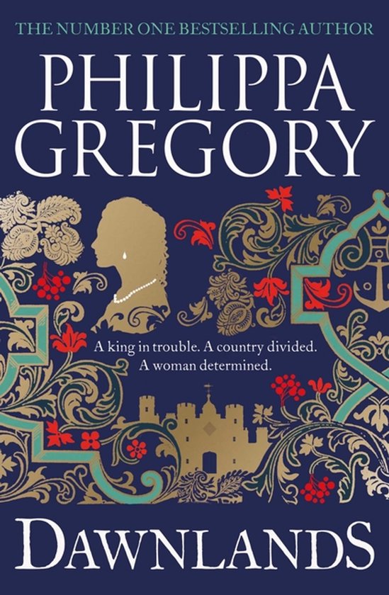 Boek 'Dawnlands' van Philippa Gregory met een gouden ornamentale versiering, een kasteel en de silhouet van een vrouw.
