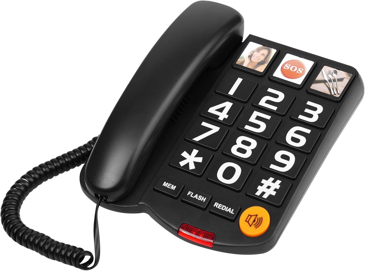 Vaste telefoon - Senioren telefoon - Eenvoudig bellen - Versterkt geluid - Grote knoppen - Zwart