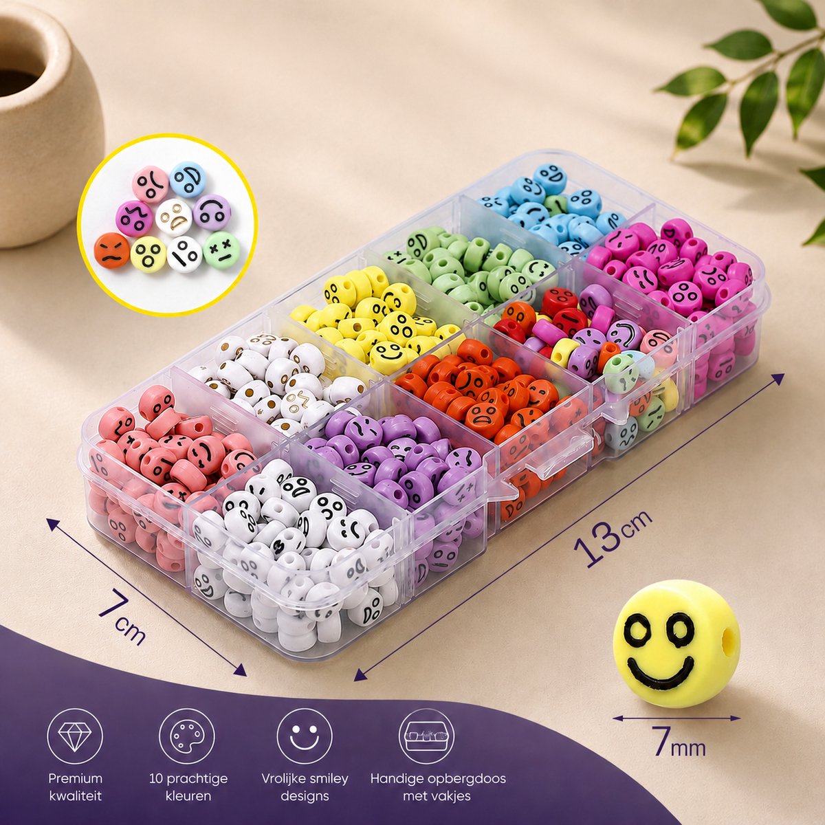 Behave Smiley Kralen Set — 15.650 Kralen — Glaskralen 2 mm + Smiley Letterkralen 7×4 mm + Rijgdraad — 15 Kleuren — afbeelding 3