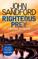 Boek kaft van 'Righteous Prey' door John Sandford. Stadsgezicht bij zonsondergang met tekst. 'One of the great novelists of all time' Stephen King.