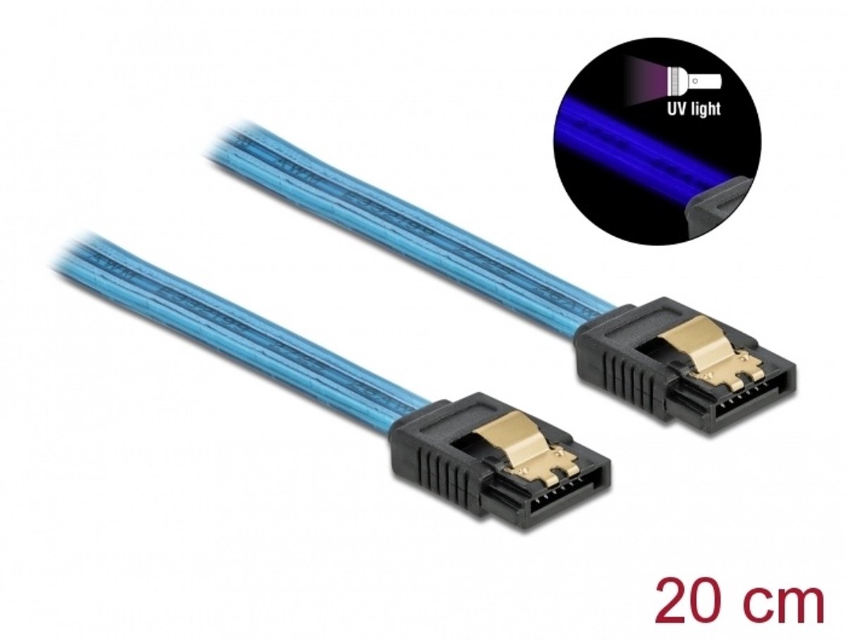 SATA 6 GB/s kabel UV Glow Effect Blue 20 cm