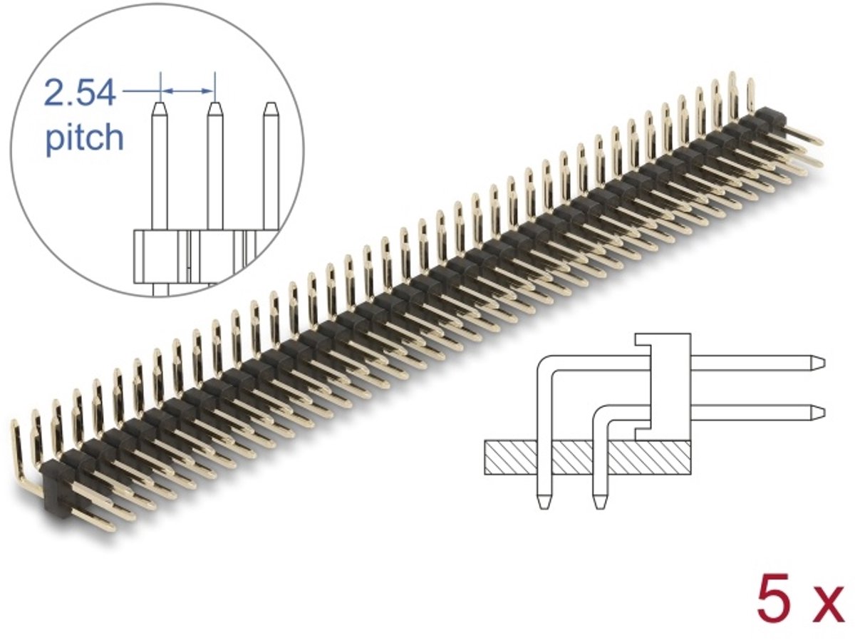 Delock Pin header 40 pin, pitch 2.54 mm, 2-row, angled, 5 pieces