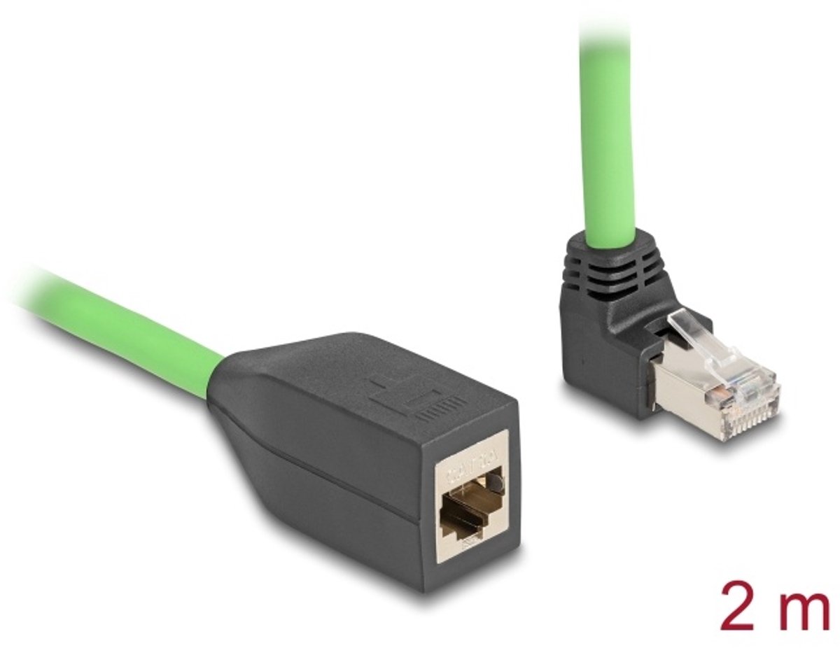 Delock RJ45 Network Extension Cable Cat.6A plug downwards angled to jack SF/UTP suitable for drag chains PUR (TPU) 2 m green