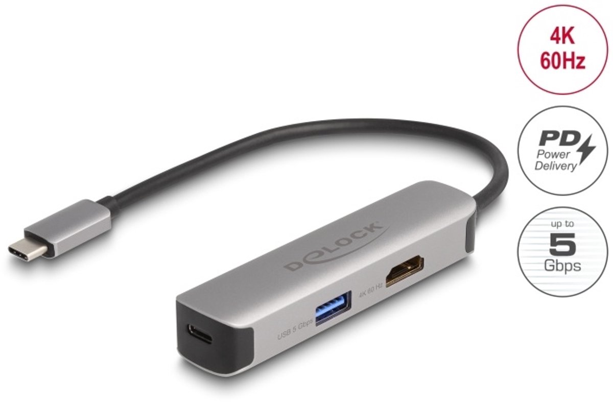 Delock USB Type-C™ Adapter to HDMI 4K 60 Hz with USB Type-A and USB Type-C™ Data + PD 92 W