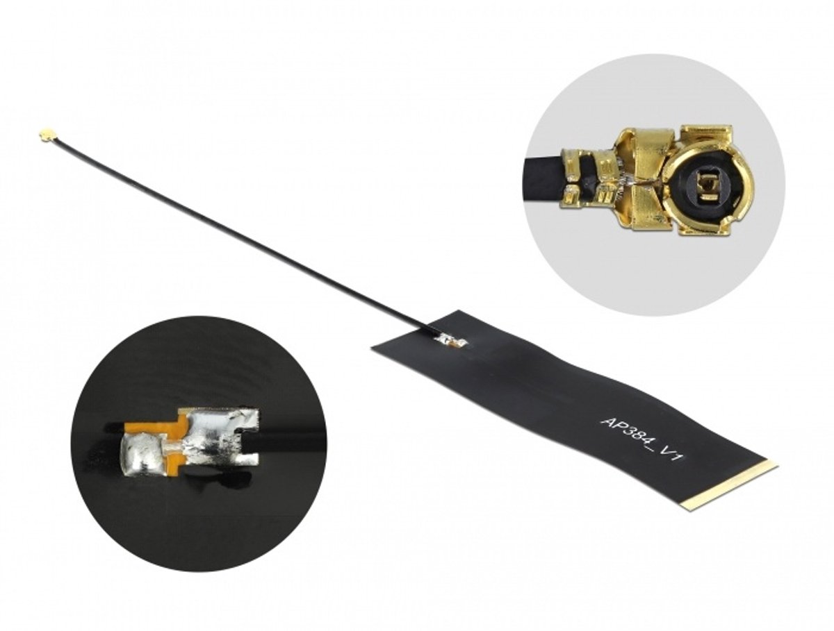 Image of Delock LoRa Antenna 863 - 928 MHz I-PEX Inc., MHF® I plug 1.68 dBi 15 cm 1.13 FPC black self adhesive