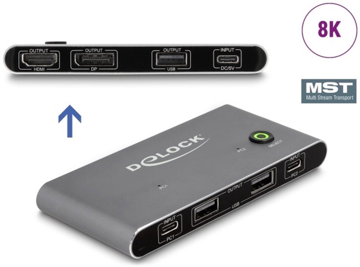 Delock USB-C™ KVM Switch to HDMI and DisplayPort 8K MST with USB 2.0